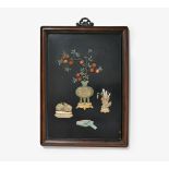 LACQUER PANEL WITH ANTIQUES. China. 19th-20th c. Wood with black lacquer. Inlay: Green jade, other