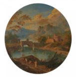 Französischer Meister. 18. Jh. Flusslandschaft im Gebirge. Öl auf Holz. Durchmesser 11,5cm.