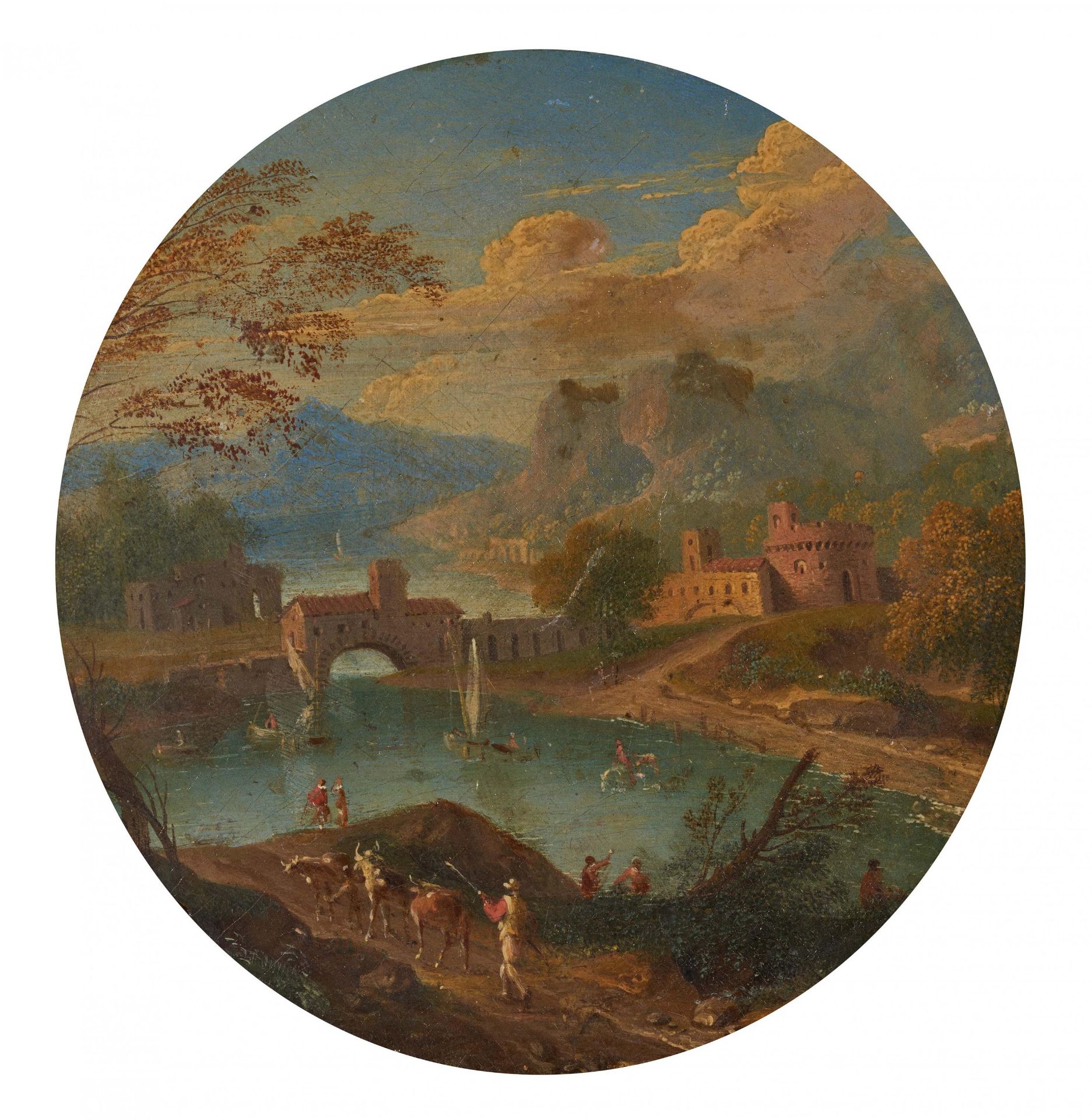 Französischer Meister. 18. Jh. Flusslandschaft im Gebirge. Öl auf Holz. Durchmesser 11,5cm.