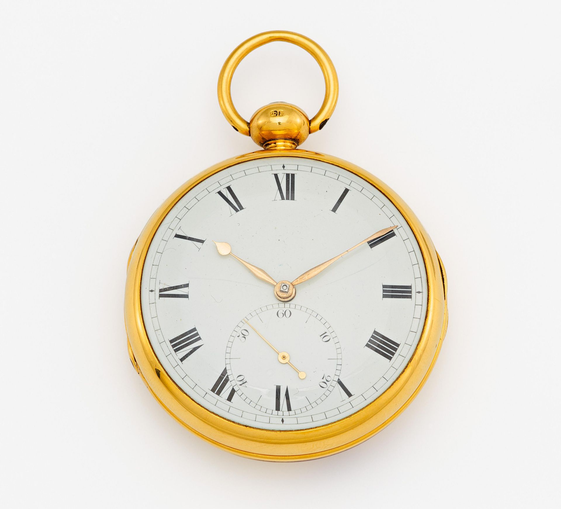 TASCHENUHR. Schlüsselaufzug. 750/- Gelbgold, getestet, Zffbl. lackiert, bedruckt, Zeiger golden.