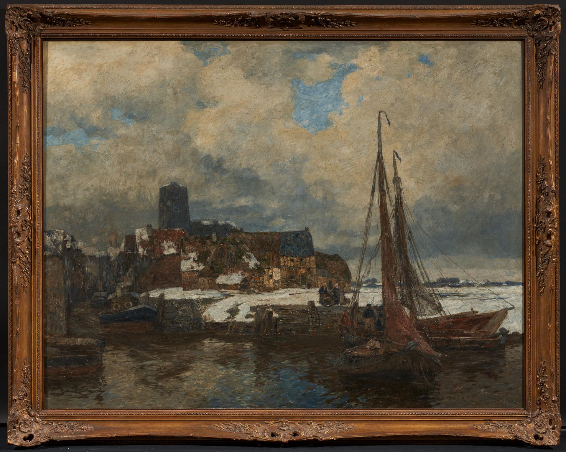 Dirks, Andreas. 1866 Sylt - 1922 Düsseldorf. Wintertag in Dordrecht. Öl auf Leinwand. 113 x 147cm. - Image 2 of 4