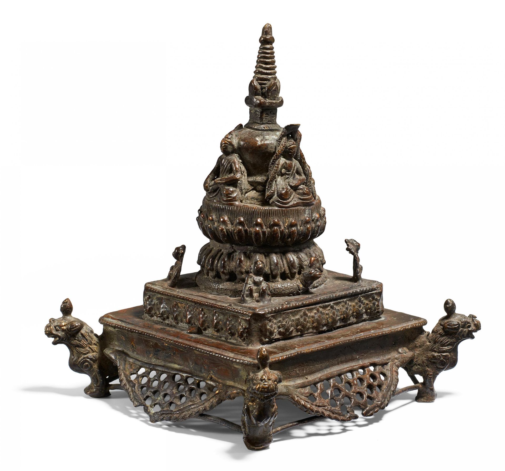 RARE STUPA WITH THE FOUR TATHAGATA BUDDHA. Nepal. 18th/19th c. Copper bronze with residue of gilding