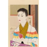 ÔNUMA, CHIYUKI active ca. 1950s Woodblock print: Female card player. Japan. Shôwa period. 1958.