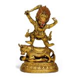 YAMA DHARMARAJA WITH SWORD. Sino-Tibetan. 18th/19th c. Copper bronze with fire gilding, painting and