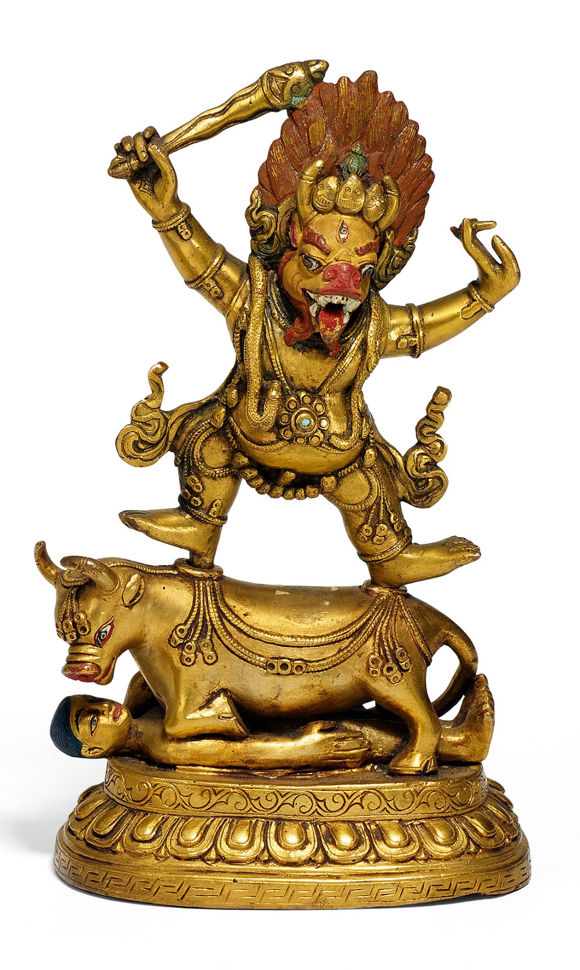 YAMA DHARMARAJA WITH SWORD. Sino-Tibetan. 18th/19th c. Copper bronze with fire gilding, painting and