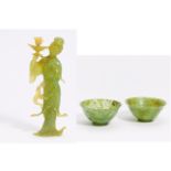 ELEGANT LADY WITH BOWL AND FLY WISK AND A PAIR OF JADE CUPS. China. 19th/20th c. Lady: Opaque