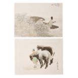 TWO WOODBLOCK PRINTS: LADY IN A BOAT AND TWO HORSES WITH A NOBLE. China. 20th c. Published: Duo