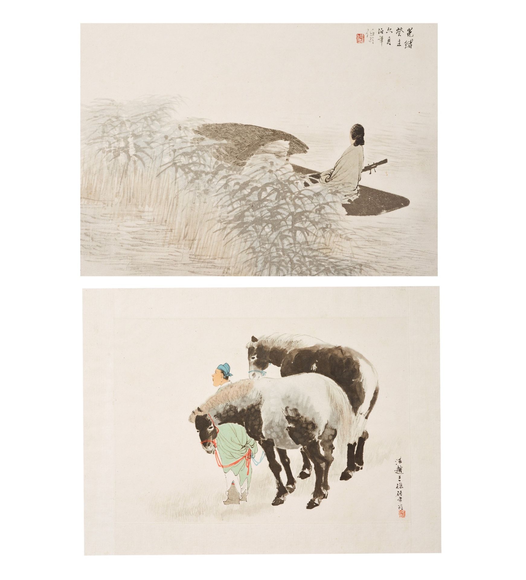 TWO WOODBLOCK PRINTS: LADY IN A BOAT AND TWO HORSES WITH A NOBLE. China. 20th c. Published: Duo