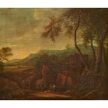 Niederländischer Meister. 18. Jh. Italienische Landschaft mit Wanderern vor einem Felsen. Öl auf