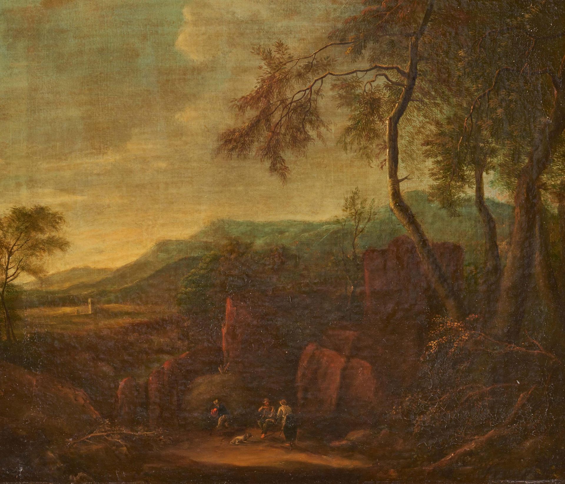 Niederländischer Meister. 18. Jh. Italienische Landschaft mit Wanderern vor einem Felsen. Öl auf