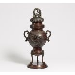 CENSER WITH CRANES, SPARROWS AND DRAGON. Japan. Before 1900. Bronze with shiny, reddish brown