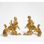 PAIR OF LARGE ANDIRONS WITH PUTTI WITH INSTRUMENTS STYLE LOUIS XV. France. Late 19th century. Gilt