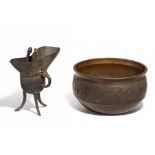 RITUAL WINE CUP (JUE) AND CENSER. China. Qing dynasty. Bronze with dark patina. Jue cup: On three