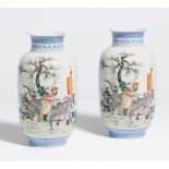 A PAIR OF LAMPION VASES WITH WARRIOR ON LION AND POEM. China. Eggshell porcelain painted in