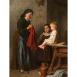 Schlesinger, Felix. Hamburg 1833 - 1910. Das rote Kleidchen. Großmutter mit zwei Kindern. Öl auf