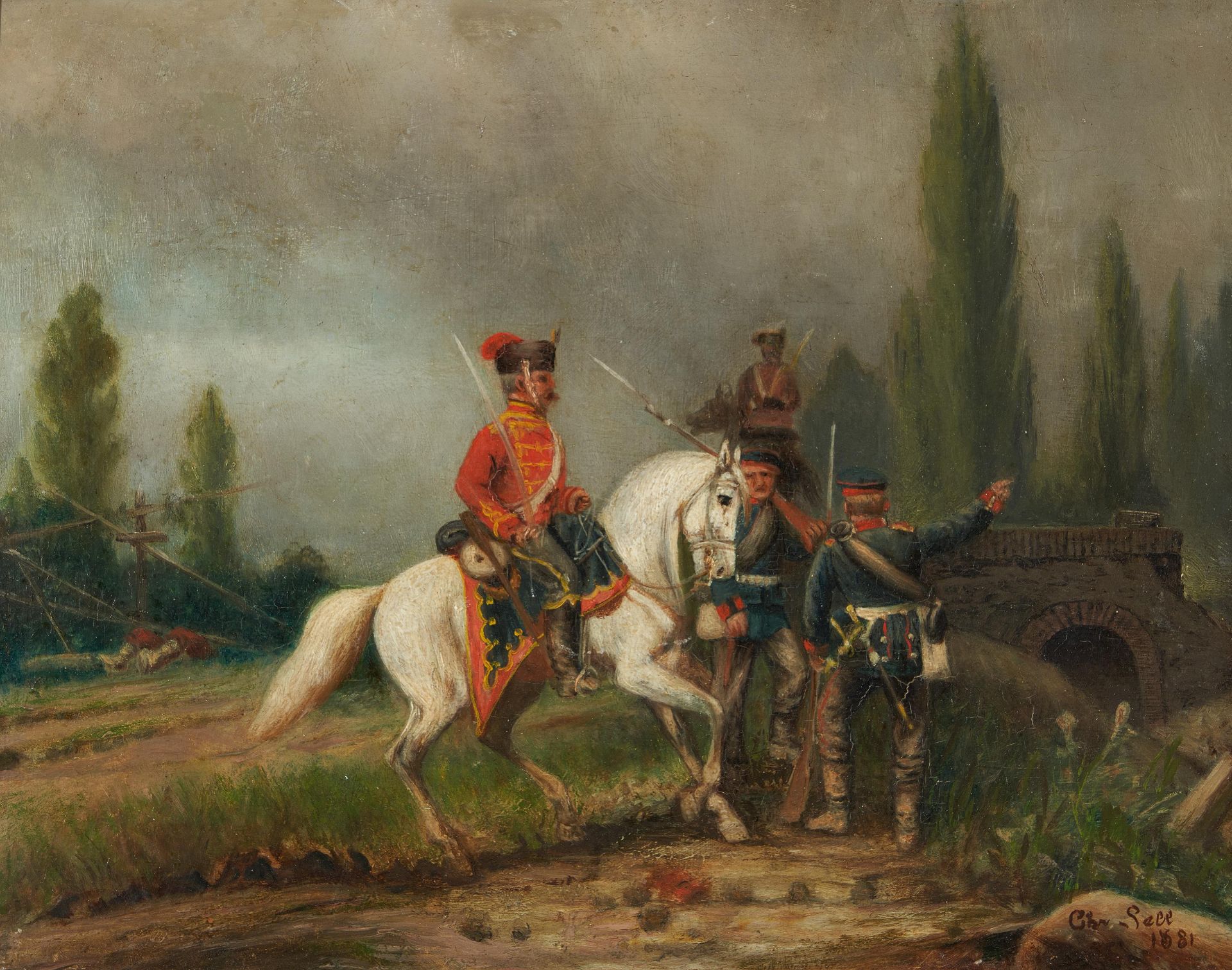 Sell, Christian. 1831 Hamburg - 1883 Düsseldorf. Berittene Soldaten. Öl auf Holz. 21 x 27cm.