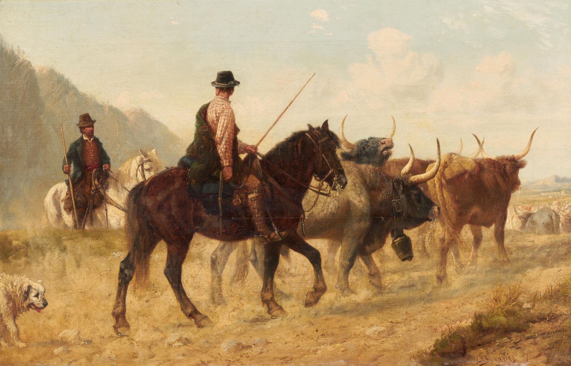 Beavis, Richard 1824 Exmouth - 1896 London   Cattle drive with bulls in Catalonia. Signed on the