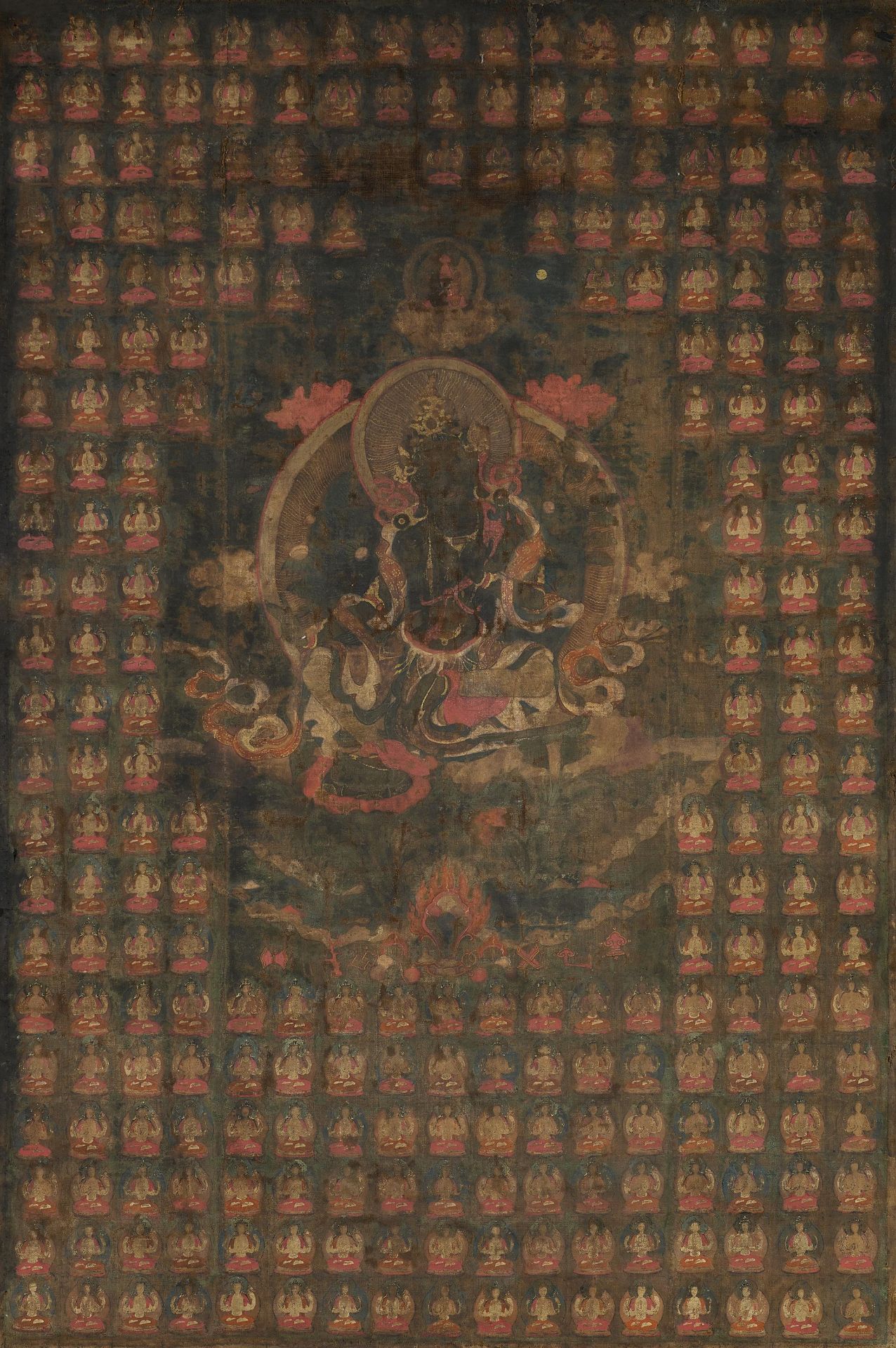 THANGKA WITH THE GREEN TARA SURROUNDED WITH HUNDERT TARA. Tibet. 17th/18th c. Pigment and gold on