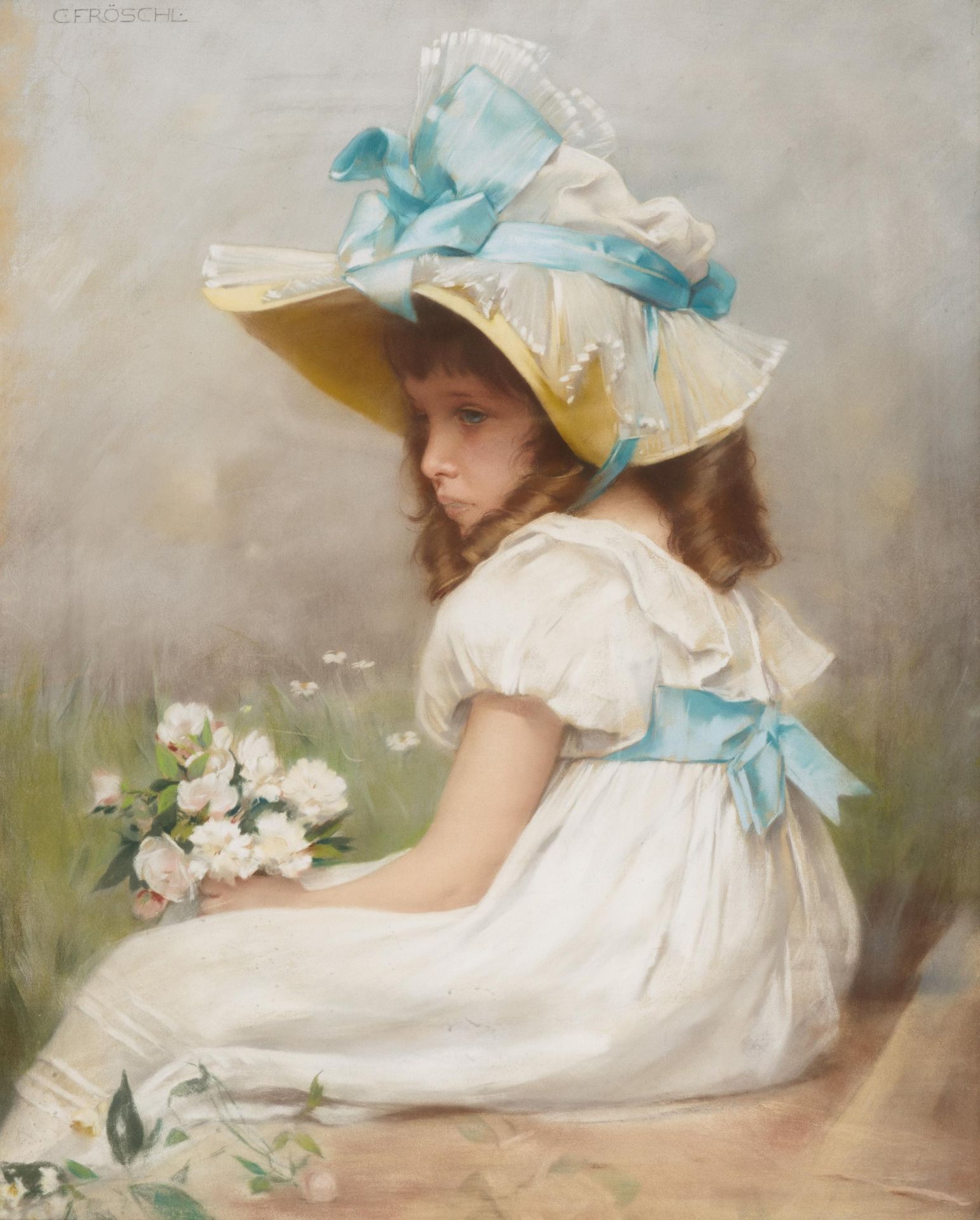 Fröschl, Carl. Wien 1848 - 1934. Träumendes Mädchen. Pastell auf Leinwand. Doubliert. 76,5 x 60cm.