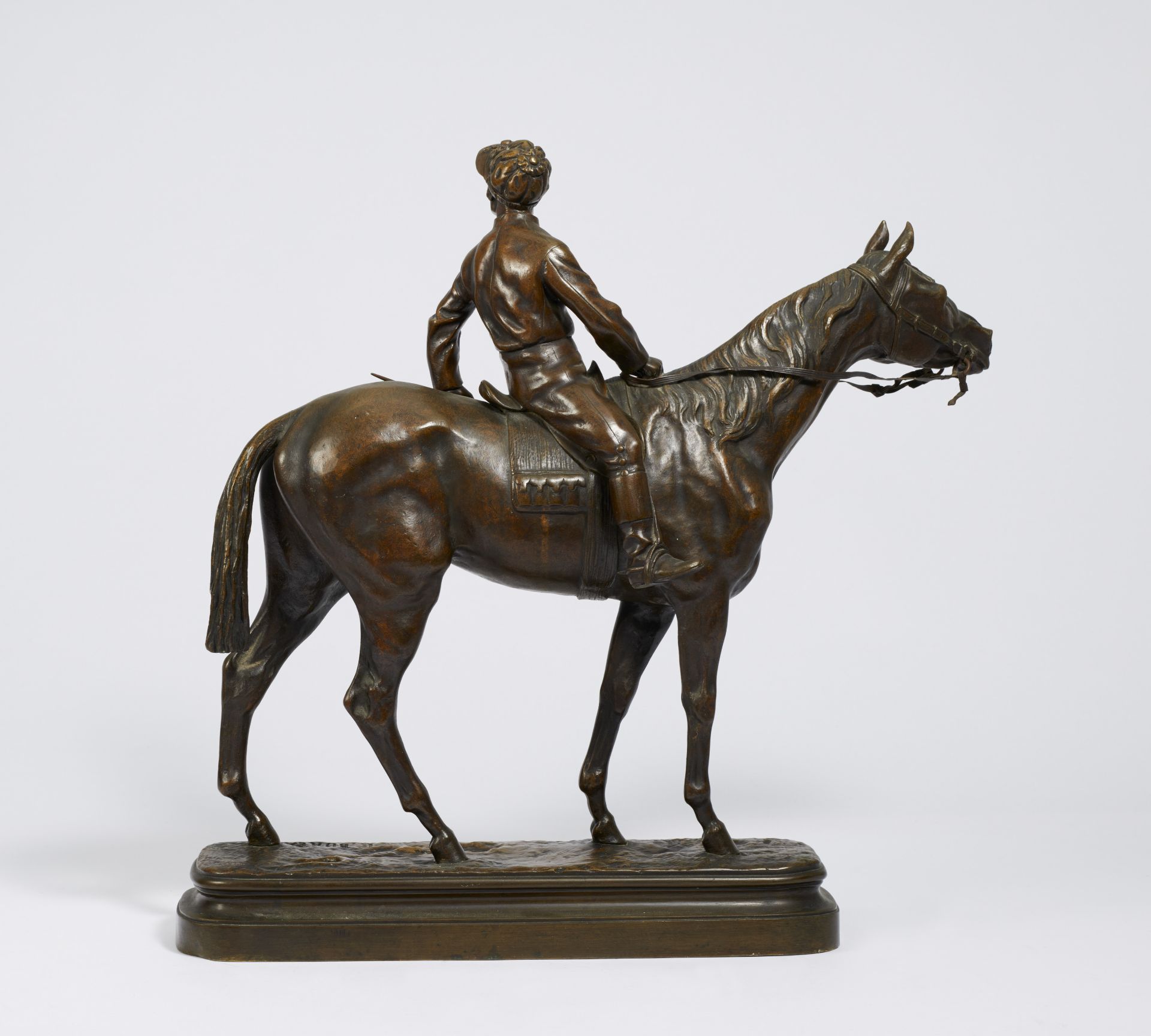 Bureau, Léon. Limoges 1866 - 1906. Jockey auf seinem Pferd. Bronze. Höhe: 48,5cm. Bezeichnet auf der - Bild 3 aus 4