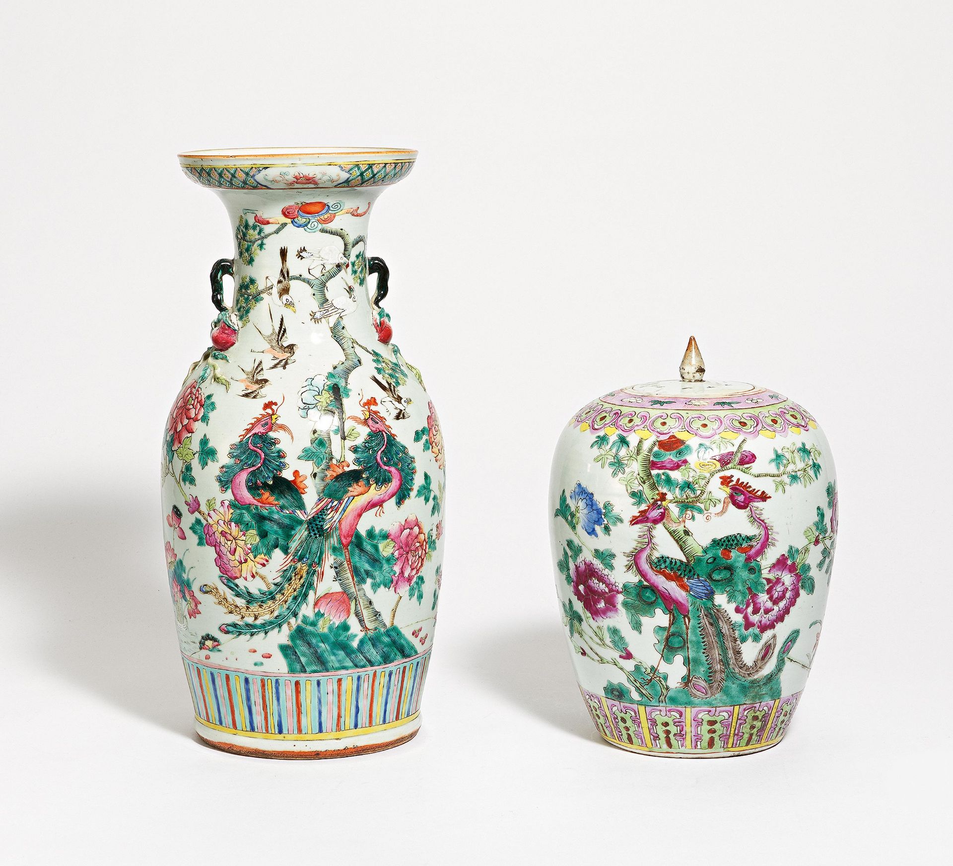 VASE AND LIDDED JAR WITH PHOENIX PAIR. China. 19th-20th c. Porcelain famille rose. Vase with the