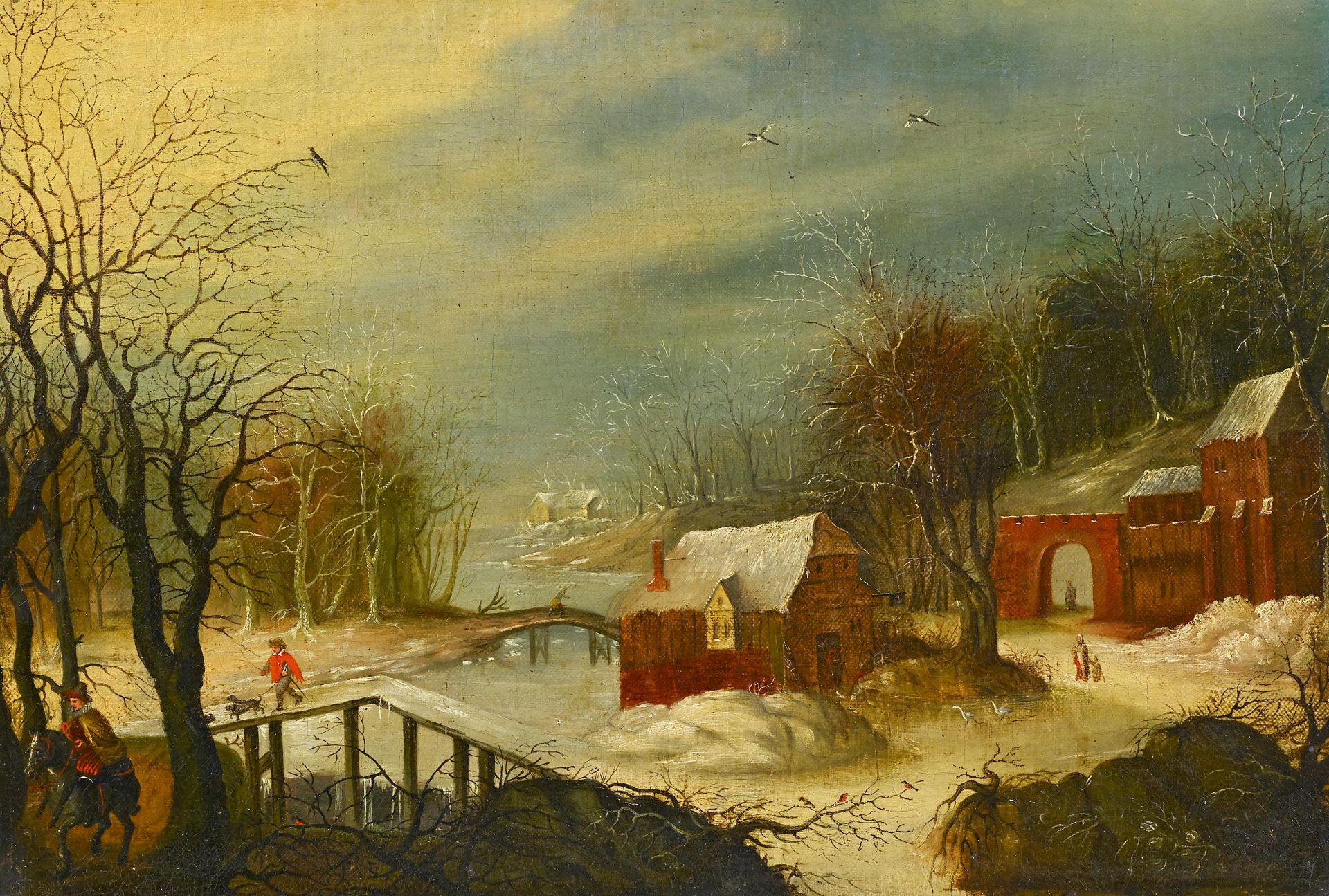 Niederländischer Meister. 19. Jh. Winterlandschaft. In der Art des Abel Grimmer. Öl auf Leinwand.