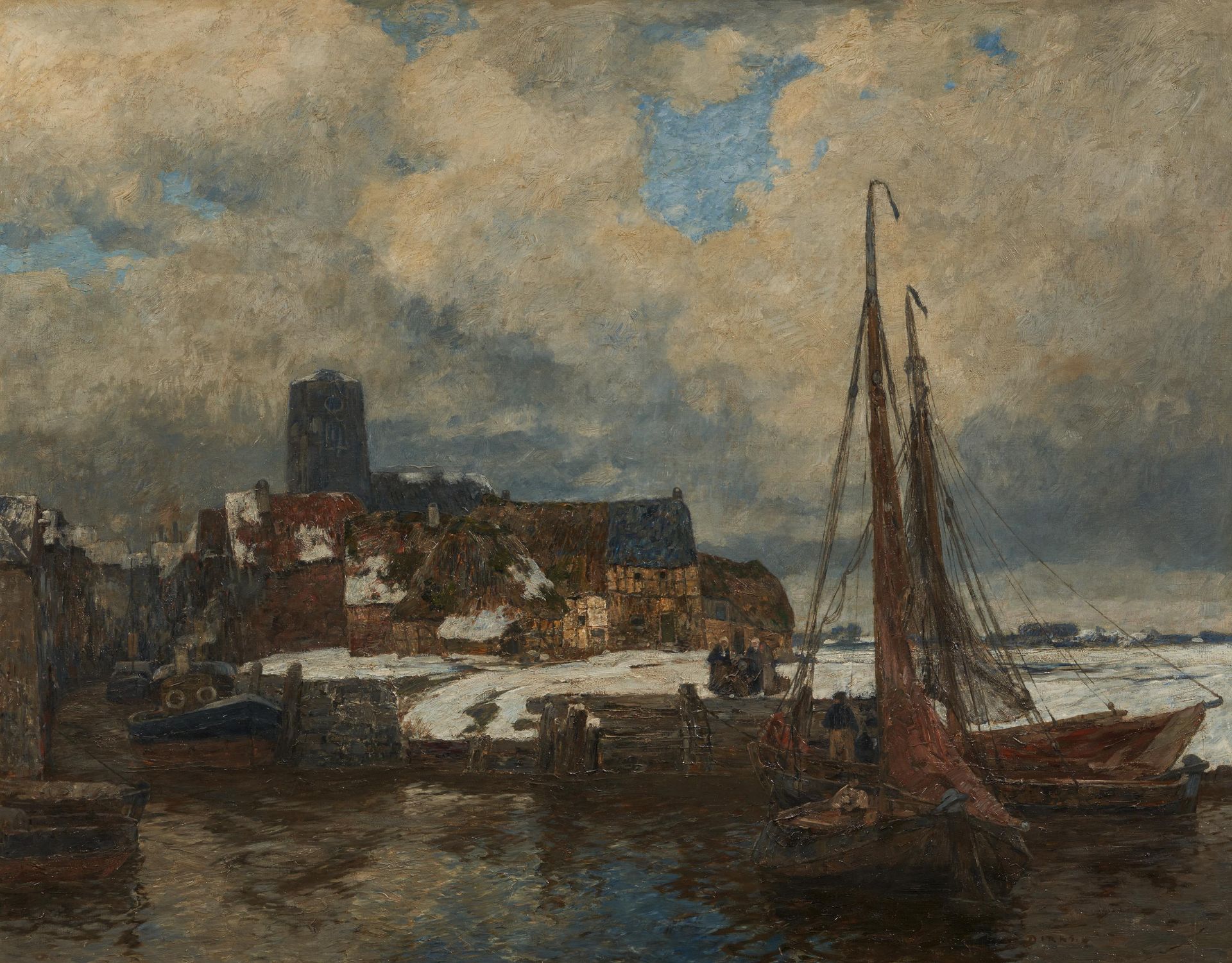 Dirks, Andreas. 1866 Sylt - 1922 Düsseldorf. Wintertag in Dordrecht. Öl auf Leinwand. 113 x 147cm.