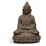 IMPORTANT BUDDHA IN ROYAL REGALIA. Sino-Tibetan. 18th/19th c. Copper bronze. The tendril pattern