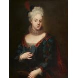 Französischer Meister. 18. Jh. Portrait einer vornehmen Dame mit Feder im Haar. Öl auf Leinwand.