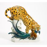 LARGE PORCELAIN FIGURE OF LEOPARD TAKING A PHEASANT. After 1945. Model A. Storch, 1922. Porcelain,