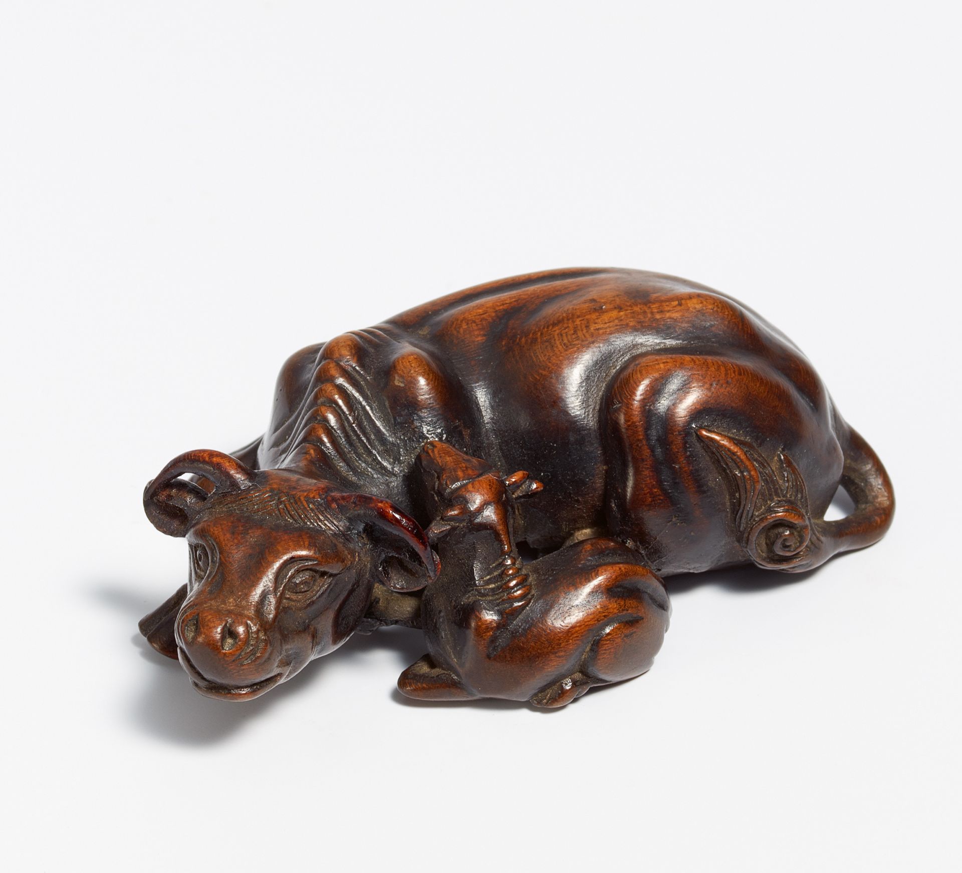 NETSUKE: RECUMBENT COW WITH CALF. Japan. 1st h. 19th c. Wood probably shitan, carved and polished.