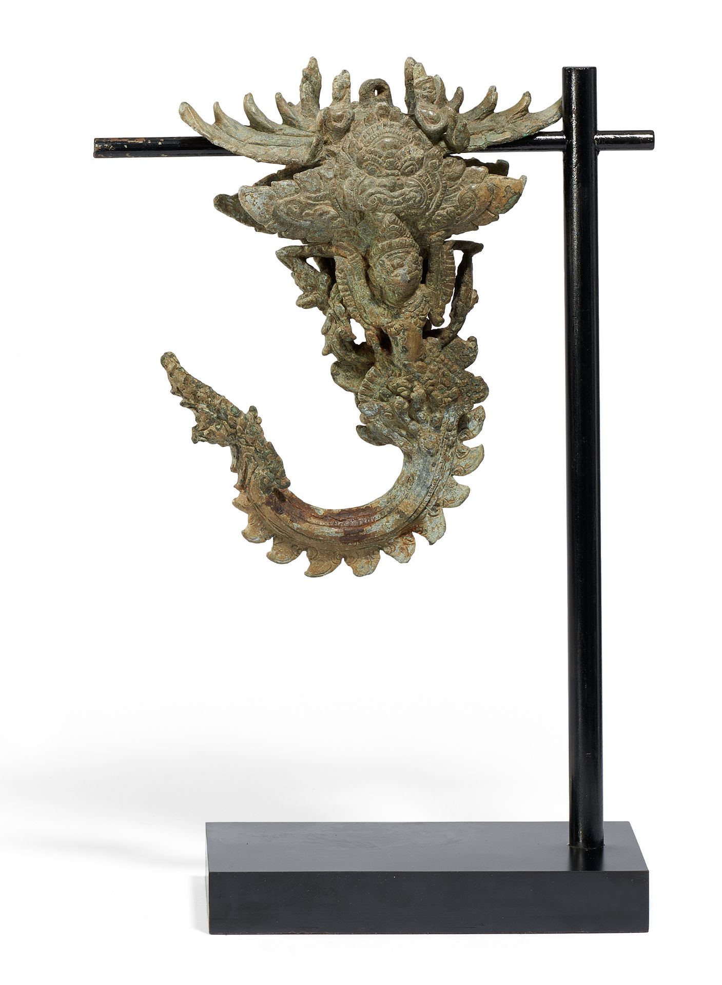 LARGE PALANQUIN HOOK WITH KALA. Khmer. Bayon style. 12th/13th c. Bronze with green, powdry patina.