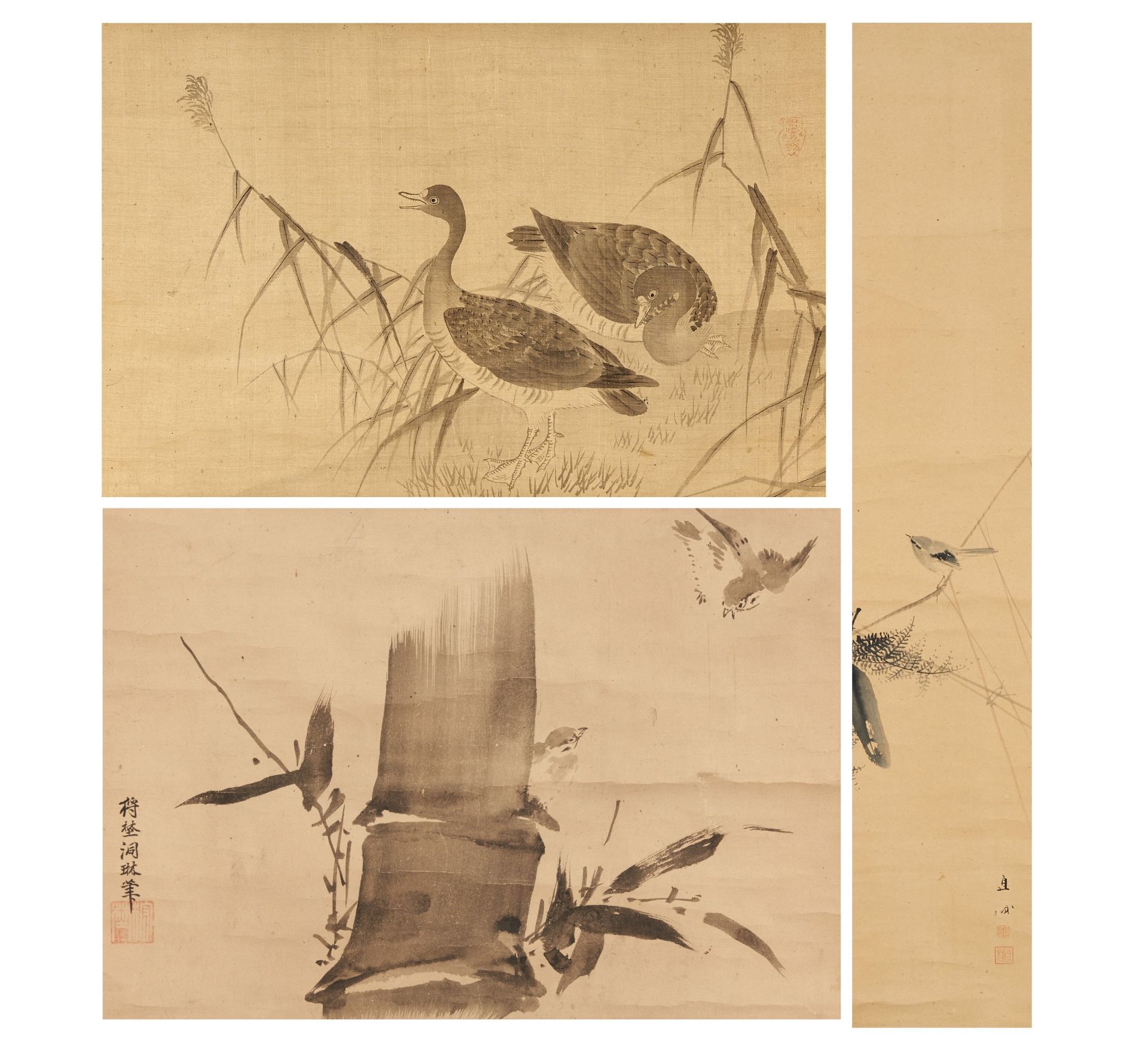 THREE HANGING PICTURES WITH BIRDS. Japan. 19th c. Ink on silk/paper. Mounted as hanging scroll.