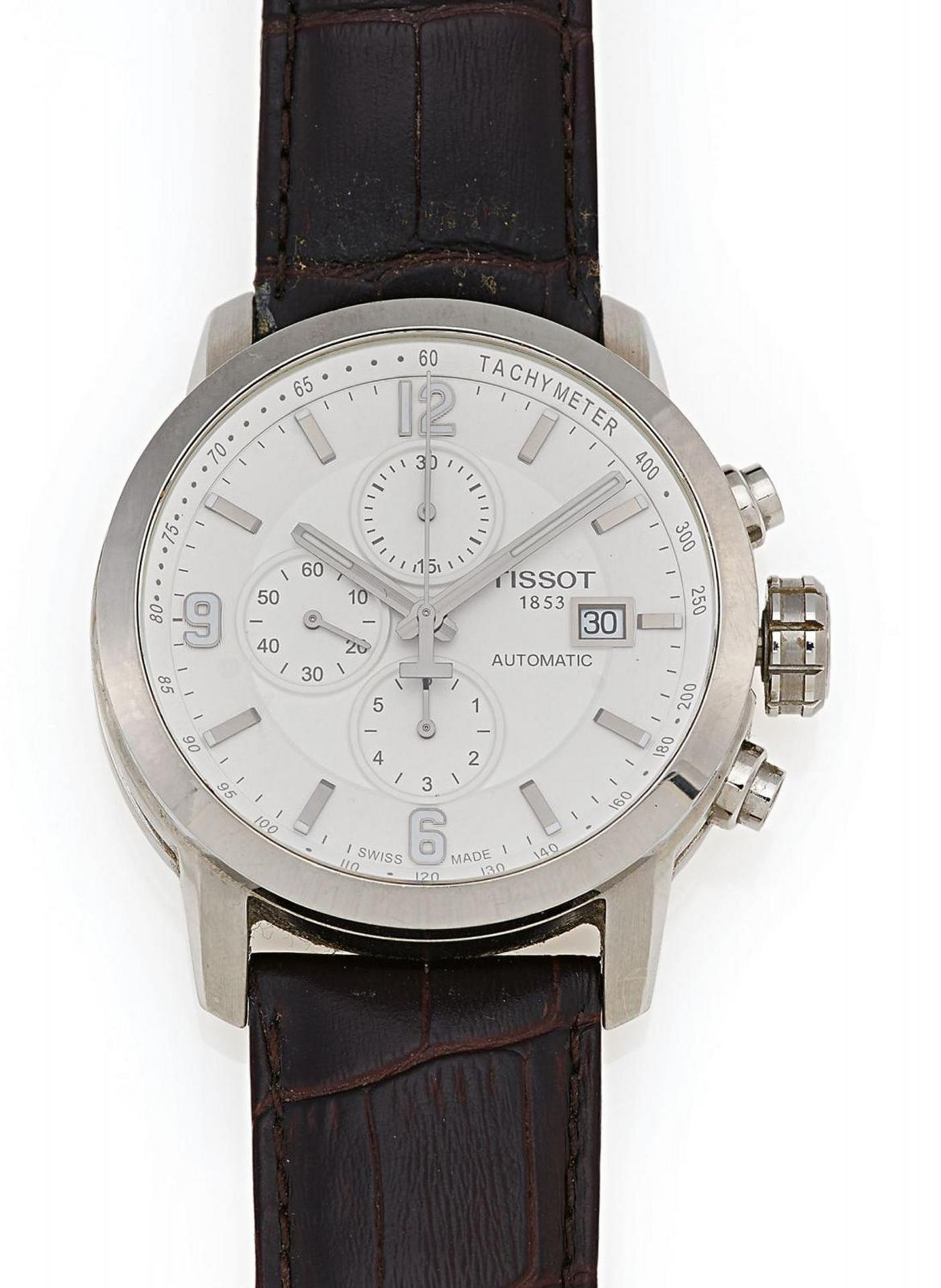 TISSOT PRC 200. Men's Watch. Switzerland. Automatic-Chronograph. Stainless steel, brown leather