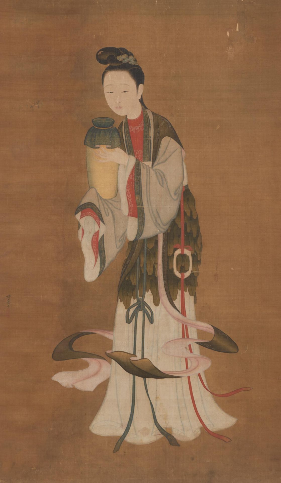 LARGE HANGING SCROLL WITH THE IMMORTAL MAIDEN CHANG'E AND THE JAR OF THE ELIXIER OF IMMORTALITY.