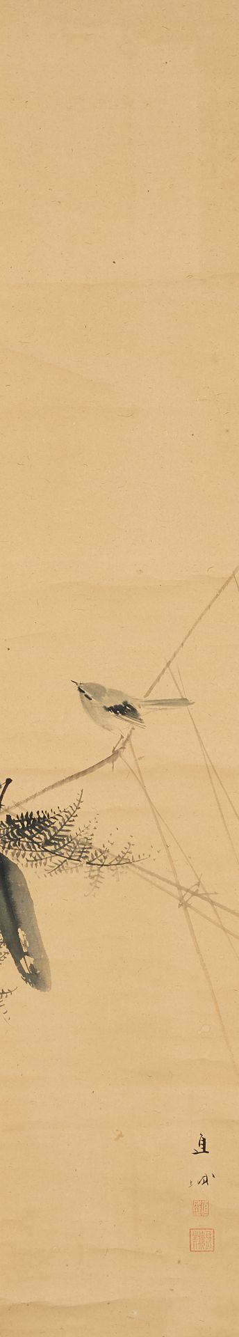 THREE HANGING PICTURES WITH BIRDS. Japan. 19th c. Ink on silk/paper. Mounted as hanging scroll. - Bild 3 aus 4
