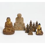 EIGHT SMALL BUDDHIST FIGURES. Nepal, Burma, Thailand. 19th-20th c. Bronze, Partly with gilding. H.