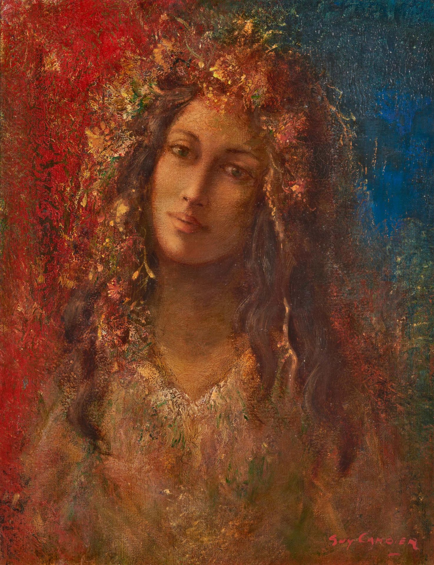 Cambier, Guy. 1923 Uccle. Junge Frau mit Blumen im Haar. Öl auf Leinwand. 65 x 50cm. Signiert