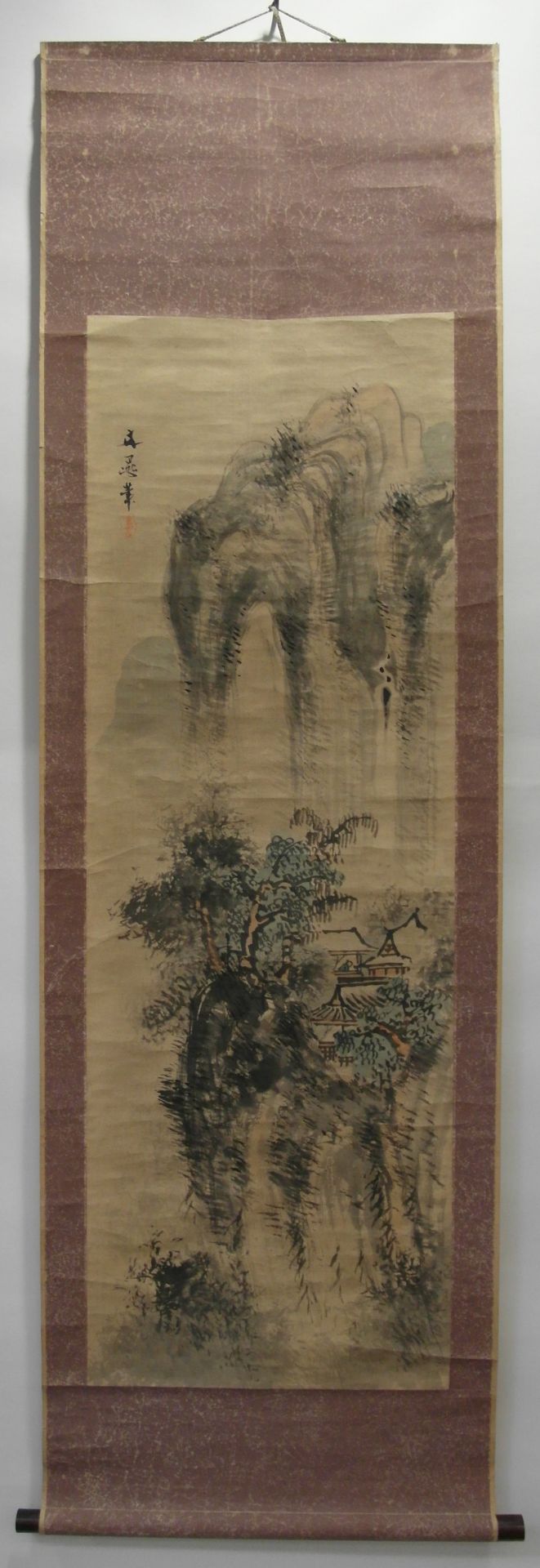 FOUR MOUNTAIN LANDSCAPES. Japan. 19th/20th c. Ink and colors on paper resp. silk. Mounted as hanging - Bild 3 aus 5