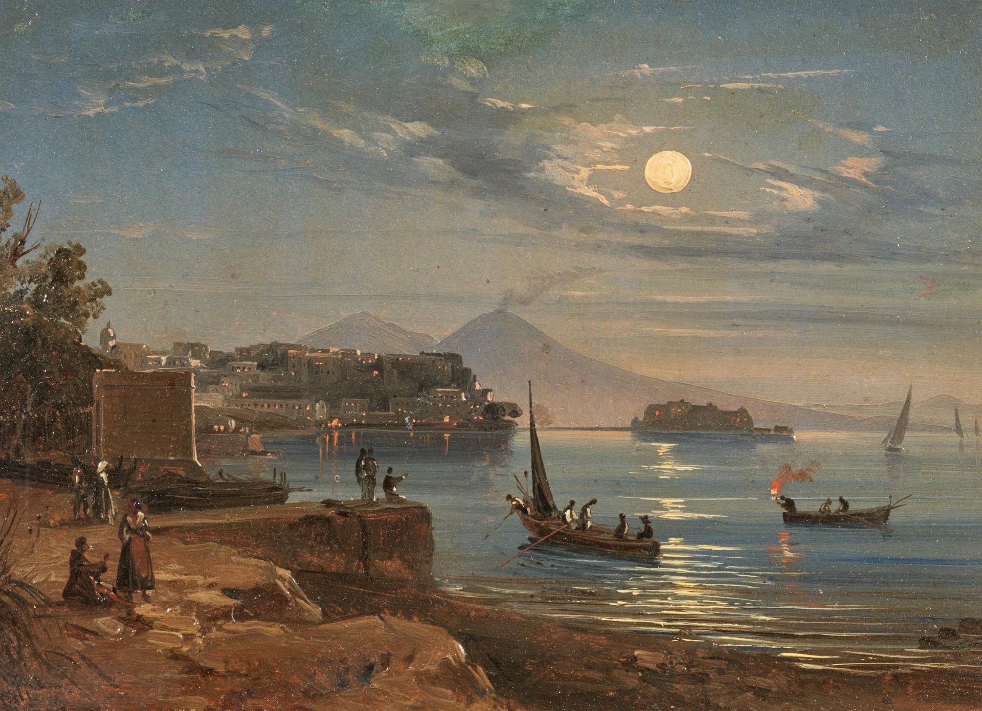 Giusti, Gugliemo Naples 1824 - 1916.   Full Moon above the Bay in Naples. Signed lower left: Giusti.