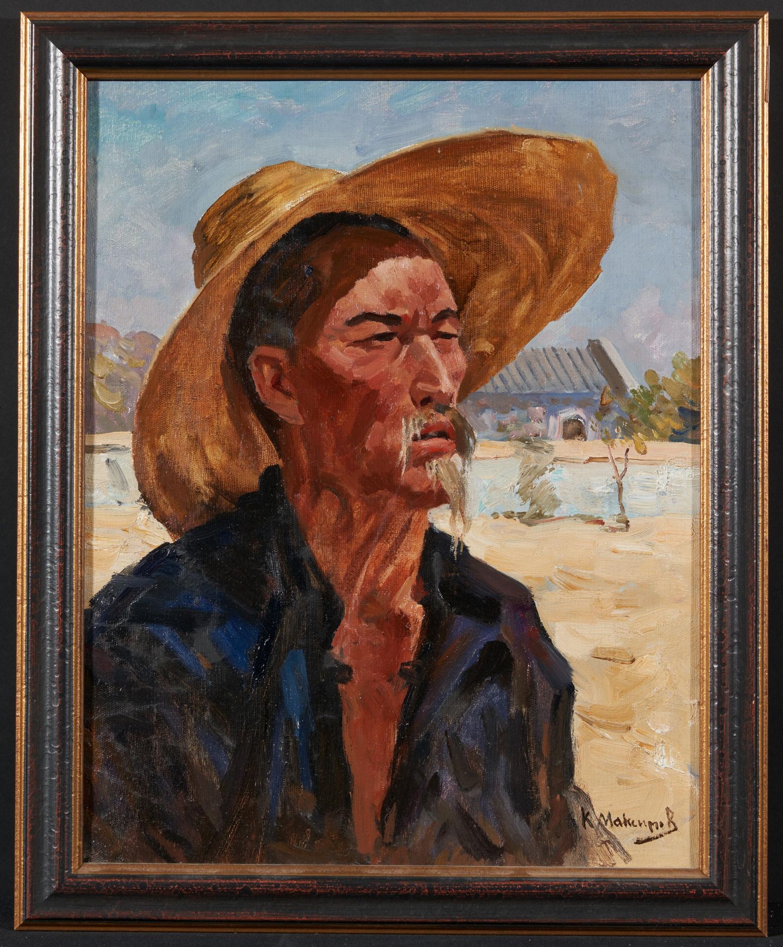 Russischer Meister. 20. Jh Bauer mit Strohhut. Öl auf Leinwand. 56 x 44cm. Kyrillisch beizeichnet - Image 2 of 4