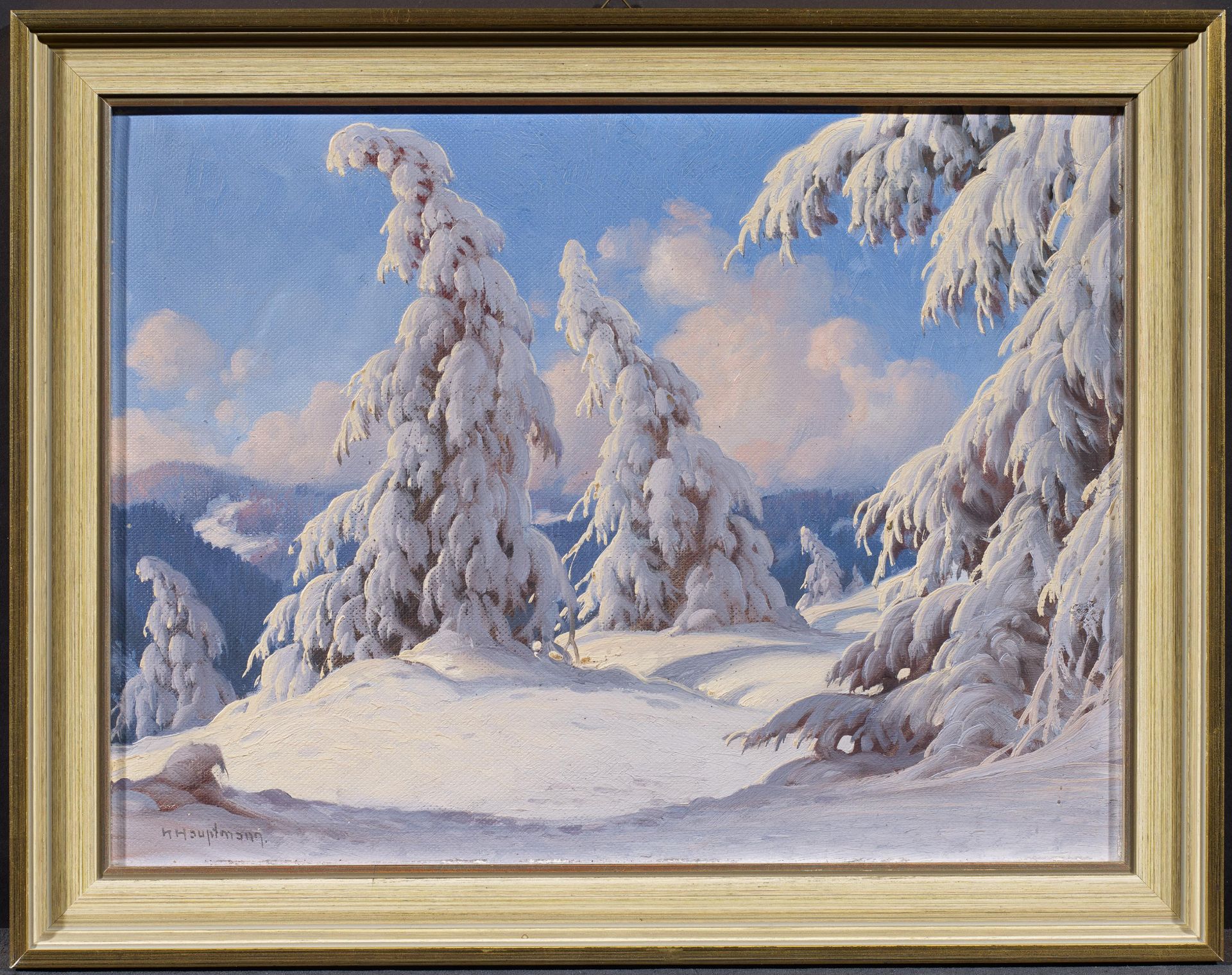 Hauptmann, Karl. 1880 Freiburg - 1947 Todtnau. Tief verschneiter Wald. Öl auf Karton. 30 x 40cm. - Bild 2 aus 4