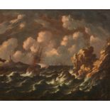 Niederländischer Meister. 17. Jh. Segler in stürmischer See vor südlicher Küste. Öl auf Leinwand.
