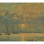 Ulmann, Raoul André 1867 Paris - 1932   Tugboats. Oil on beaverbord. 24 x 28.5cm. Signed lower left: