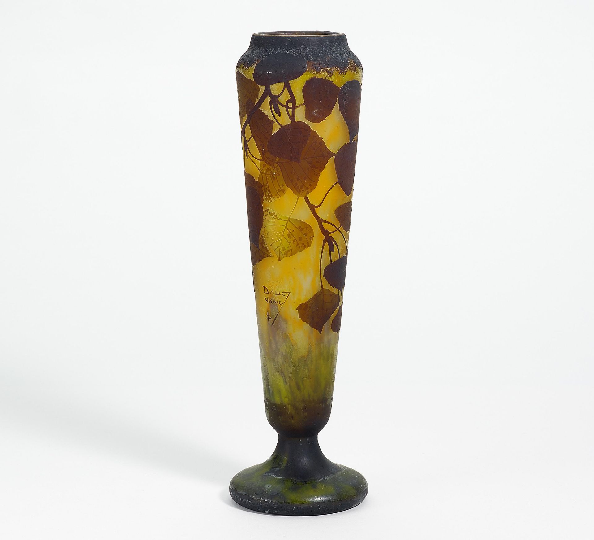 CLUB-SHAPED VASE WITH HAZEL BRANCHES. Daum Frères. Nancy. Acromatic glass with orange and green