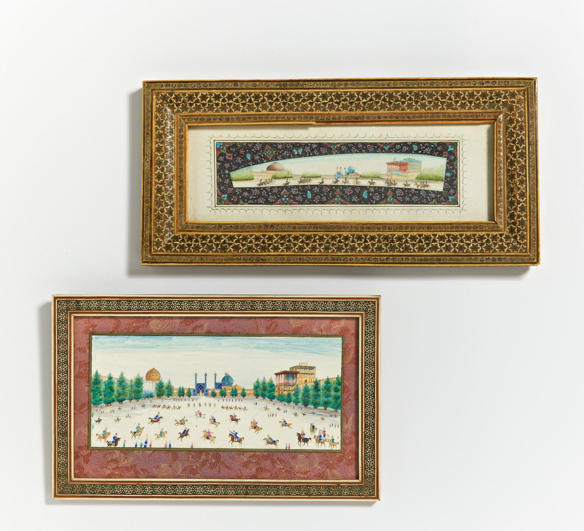 TWO MINIATURE PAINTINGS WITH POLO AND PARADE IN FRONT OF THE PALACE. Persia. 1st h. 20th c. Pigments - Image 2 of 2