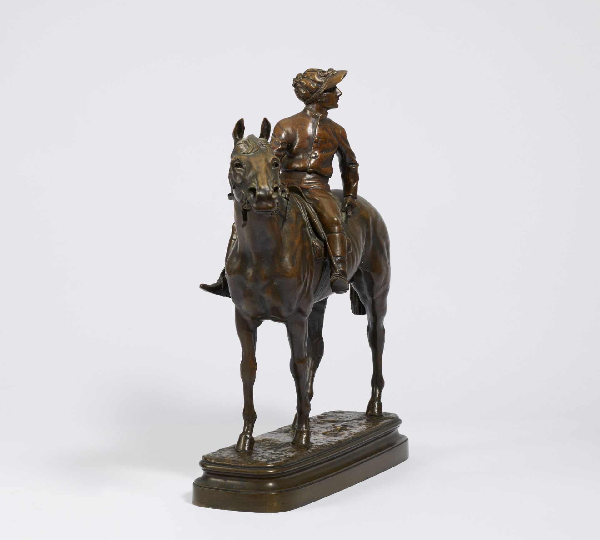 Bureau, Léon. Limoges 1866 - 1906. Jockey auf seinem Pferd. Bronze. Höhe: 48,5cm. Bezeichnet auf der - Bild 4 aus 4