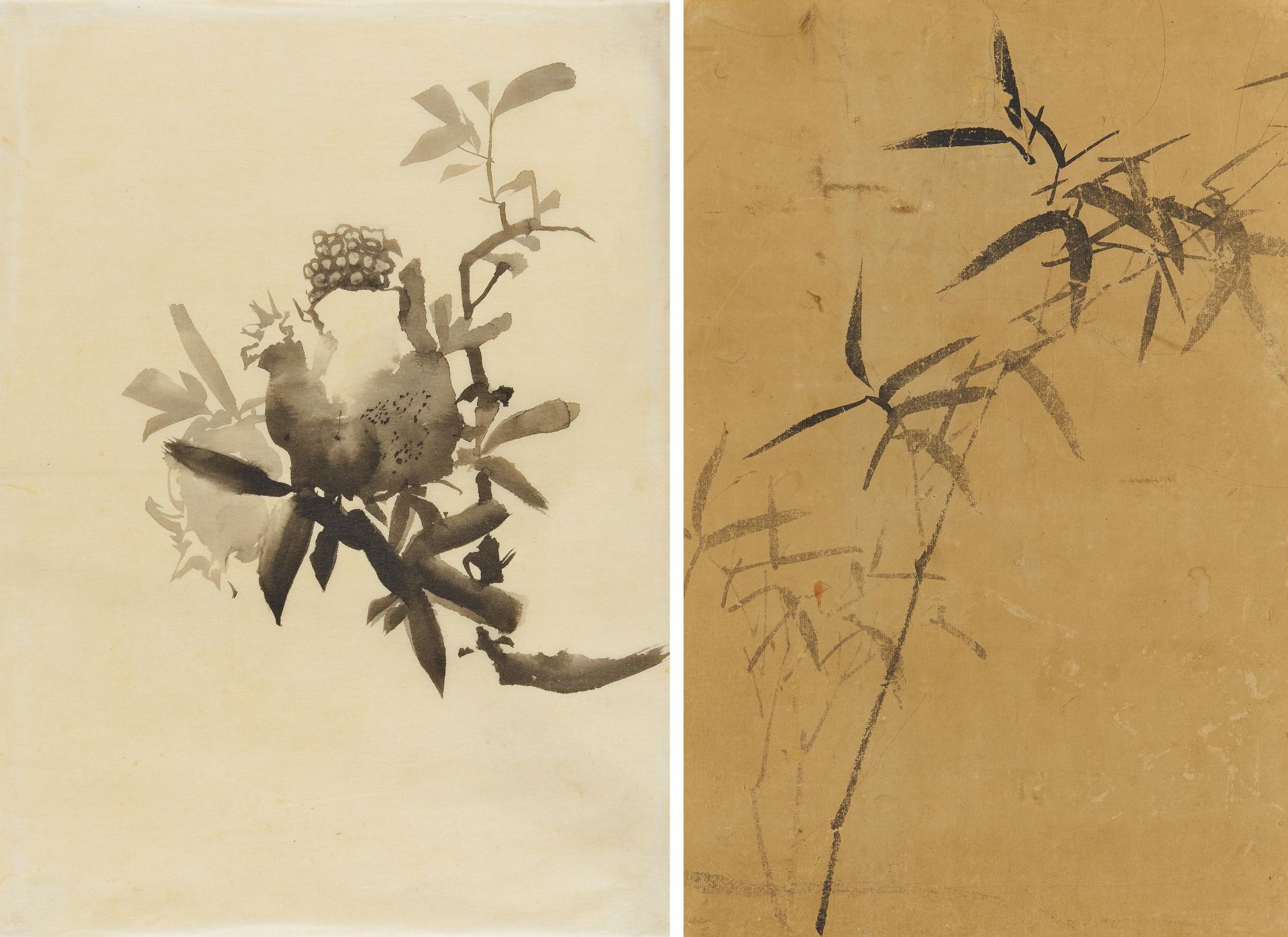 TWO INK PAINTINGS WITH BAMBOO AND POMEGRANATE. Japan. Edo/Meiji period. Ink on paper. 43.5x28cm,