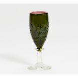 MINIATURE GLASS CHALICE WITH ROSE TENDRILS. Gallé, Emile. Nancy. Um 1880-1884. Farbloses Glas. Kuppa