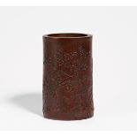 BRUSH POT WITH BIRD IN FLOWERING PLUM TREE. China. 19th/20th c. Bamboo carved finely in bas